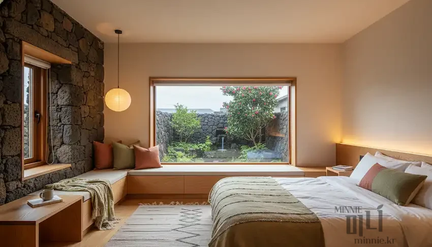 큰 창문 너머로 제주 현무암 돌담과 정원이 보이는 아늑하고 따뜻한 분위기의 감성 숙소 침실 내부