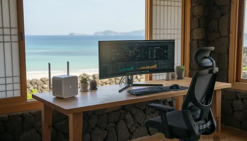 제주도 바다가 한눈에 들어오는 창가에 마련된 감성 숙소 내 워케이션 데스크와 와이드 모니터 설정 화면