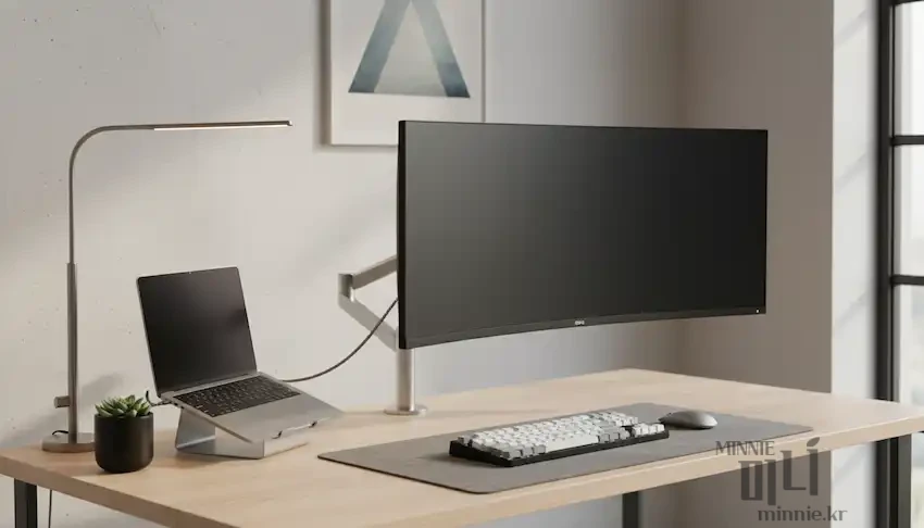맥북과 외장 와이드 모니터가 싱글 모니터암으로 공중에 떠 있는 깔끔한 데스크테리어 셋업 환경