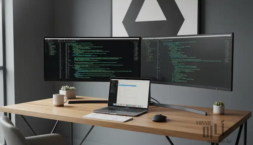 맥북 프로를 중심으로 듀얼 와이드 모니터가 설치된 전문적인 코딩 및 작업 환경 데스크테리어