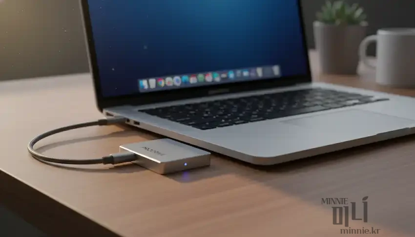 깔끔한 나무 책상 위 맥북 옆면에 C타입 케이블로 연결된 실버 색상의 외장하드 모습