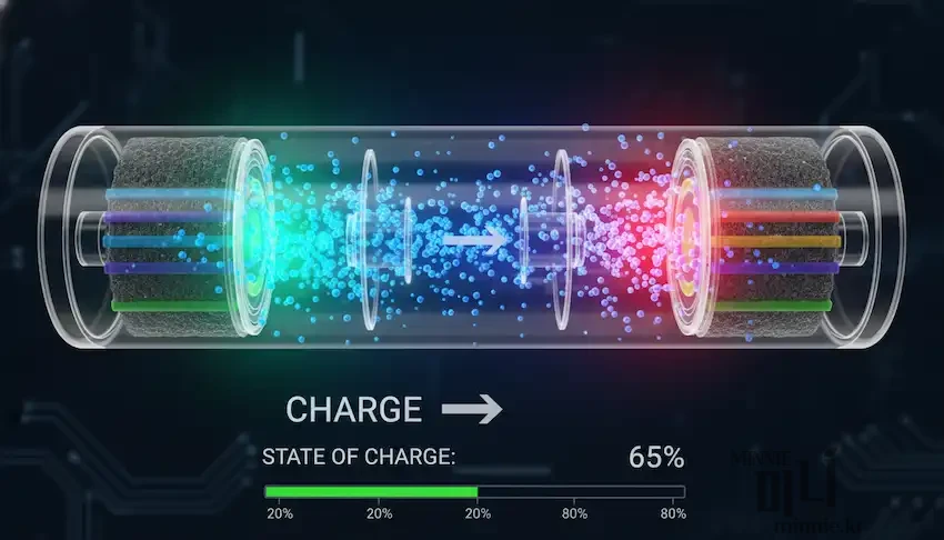 리튬 이온 배터리 내부에서 이온이 이동하며 충전되는 과정을 시각화한 그래픽. 하단에 Charge 65% 상태바와 20%에서 80% 사이의 최적 충전 구간 표시