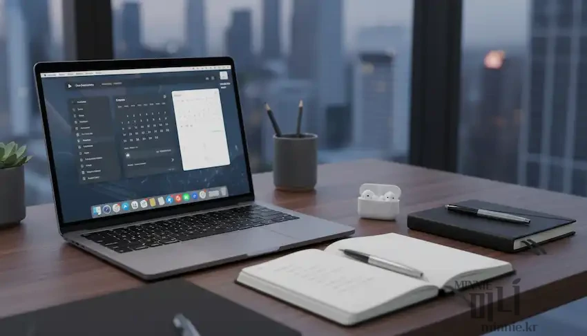 도시 야경이 보이는 창가 책상 위에 놓인 맥북과 다이어리, 그리고 옆에 놓인 에어팟 케이스