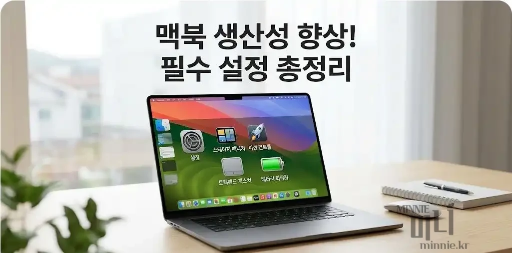깔끔한 책상 위 맥북 화면에 스테이지 매니저, 미션 컨트롤 등 생산성 향상을 위한 필수 설정 아이콘들이 표시된 맥북 생산성 가이드 대표 이미지