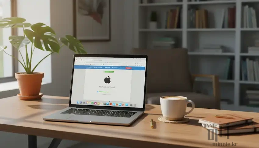 넓은 나무 책상 위에 맥북 프로와 듀얼 모니터가 설치된 깔끔한 작업 환경. 모니터에는 코드 에디터가 띄워져 있는 모습