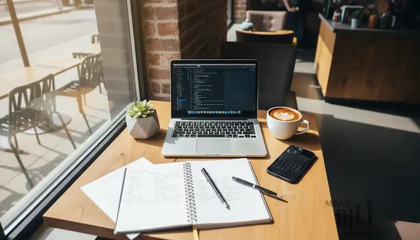 햇살이 비치는 카페 창가 좌석에 맥북, 노트, 커피 한 잔과 함께 아이폰이 놓여 있는 작업 환경