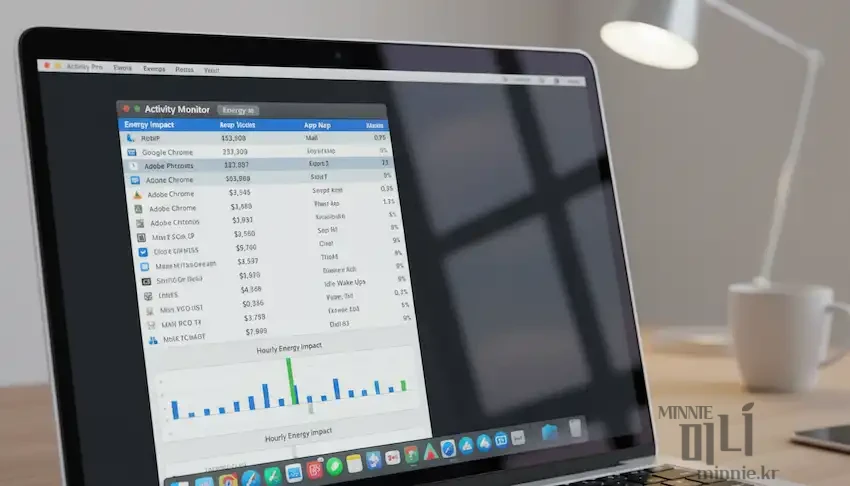맥북 활성 상태 보기 창에서 각 앱별 에너지 영향(Energy Impact)과 배터리 소모량을 확인하는 모습