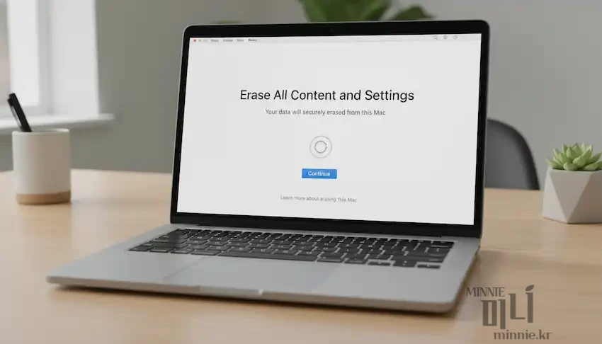macOS에서 모든 콘텐츠 및 설정 지우기 기능을 실행하여 공장 초기화를 진행하는 시스템 화면