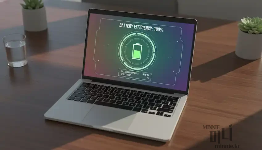 맥북 화면에 표시된 배터리 성능 상태 100% 아이콘과 시스템 배터리 효율 모니터링 그래픽 화면