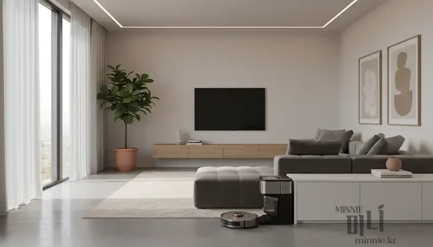 햇살이 비치는 미니멀한 거실에 놓인 그레이 색상의 로봇청소기와 자동 먼지 비움 스테이션 독, 그리고 멀리 보이는 소파와 TV