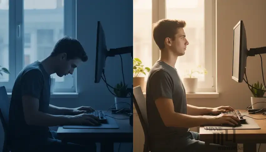 모니터 스탠드 사용 시 거북목 자세와 모니터 암 사용 시 바른 자세를 비교한 이미지