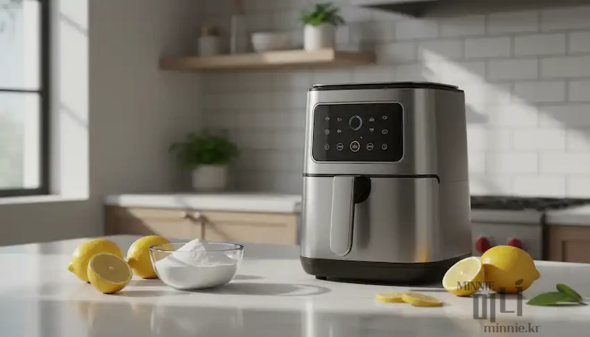 주방 카운터 탑 위에 놓인 스테인리스 에어프라이어 본체 앞에 레몬들과 베이킹소다가 담긴 투명한 유리 볼
