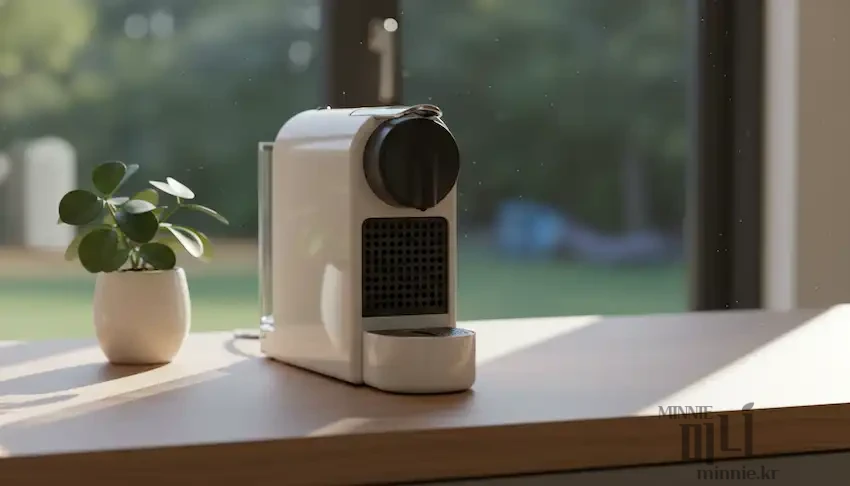 밝은 햇살이 들어오는 창가 나무 테이블 위에 놓인 화이트 색상의 미니멀한 캡슐 커피 머신과 작은 화분