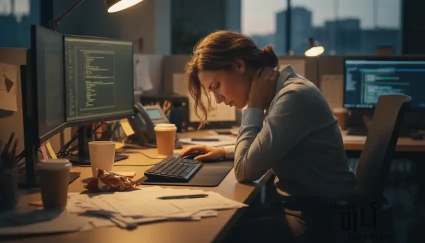 어두운 사무실에서 듀얼 모니터 앞에 앉아 한 손으로 뒷목을 잡으며 괴로워하고 있는 여성 직장인의 모습