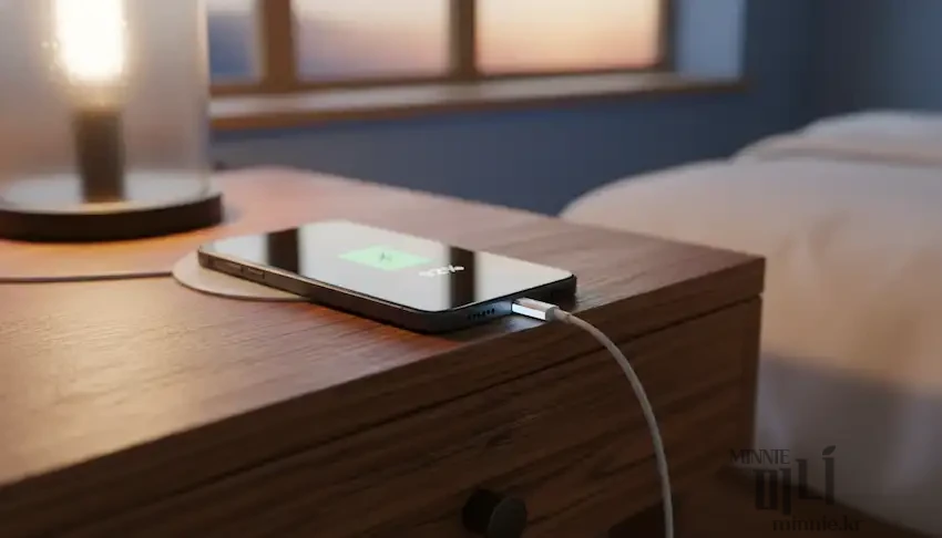 어두운 방 안 침대 옆 탁자 위 조명 아래에서 케이블로 충전 중인 스마트폰 화면에 배터리 잔량이 표시된 모습