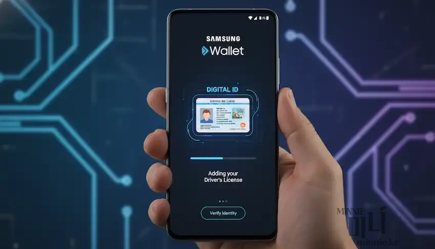 삼성 월렛 앱에서 운전면허증을 디지털 신분증으로 추가하고 본인 확인 절차를 진행하는 스마트폰 화면
