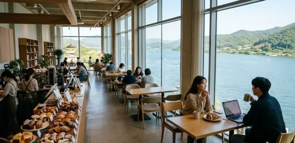 탁 트인 통창 너머로 푸른 북한강과 산이 보이는 경기도 대형 베이커리 카페의 넓은 내부 전경