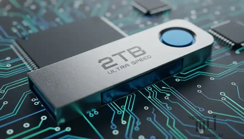 회로 기판 배경 위에 놓인 '2TB ULTRA SPEED'라고 새겨진 알리익스프레스산 초저가 가짜 USB 메모리의 근접 사진