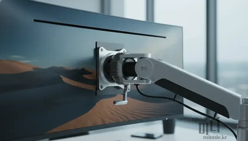 울트라 와이드 모니터 배면에 베사 마운트를 이용해 고중량 모니터 암을 설치한 가이드 이미지