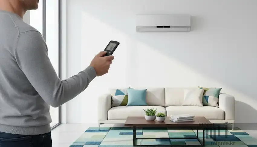 깔끔한 화이트톤 거실에서 한 남자가 리모컨으로 벽걸이 에어컨을 조작하며 실내 온도를 조절하는 모습