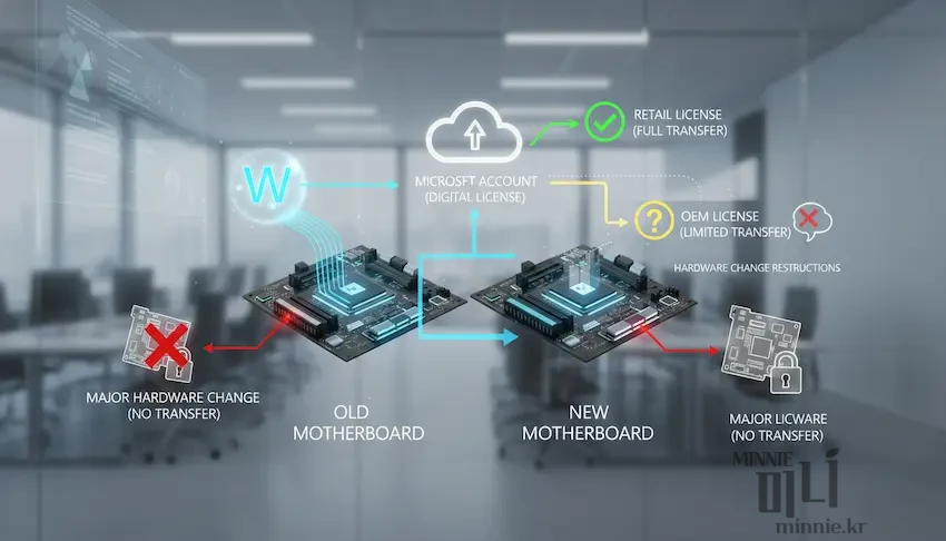 구형 메인보드에서 신형 메인보드로 윈도우 라이선스를 이전할 때, Retail 라이선스는 마이크로소프트 계정을 통해 이동이 가능하지만, OEM 라이선스는 기기 귀속으로 인해 이전이 불가능함을 설명하는 인포그래픽