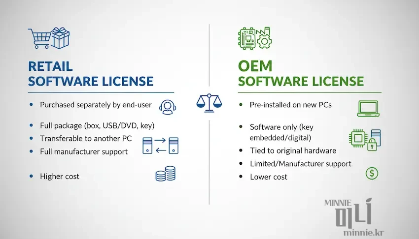 Retail 라이선스와 OEM 라이선스의 구매 방식, 패키지 구성, PC 이전 가능 여부, 제조사 지원 유무, 가격 등을 일목요연하게 비교한 인포그래픽
