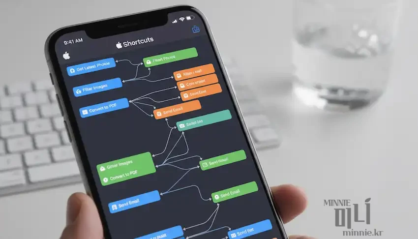 아이폰 16에서 애플 인텔리전스와 시리(Siri) 자동화를 위해 단축어(Shortcuts) 앱을 설정하는 워크플로우 실행 화면