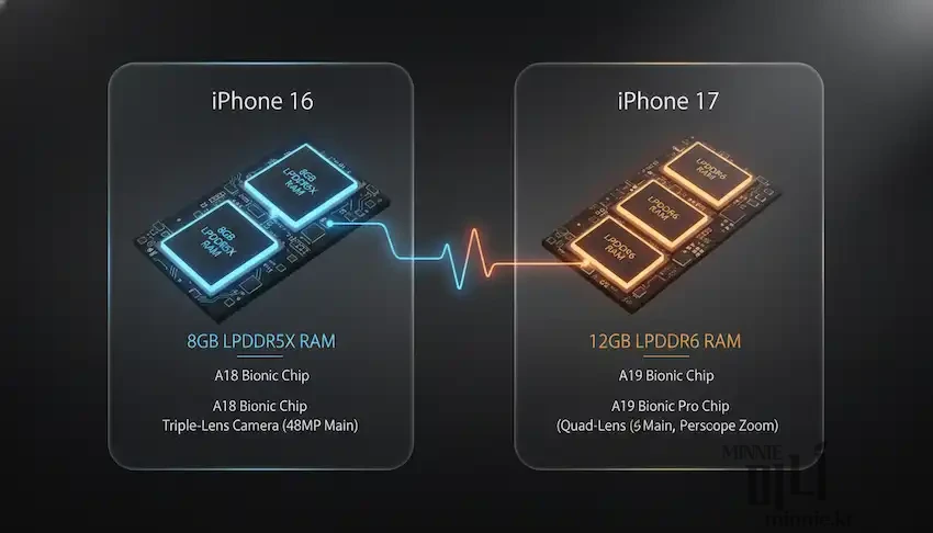 아이폰 16의 8GB LPDDR5X 램과 아이폰 17의 12GB LPDDR6 램 사양을 비교한 인포그래픽