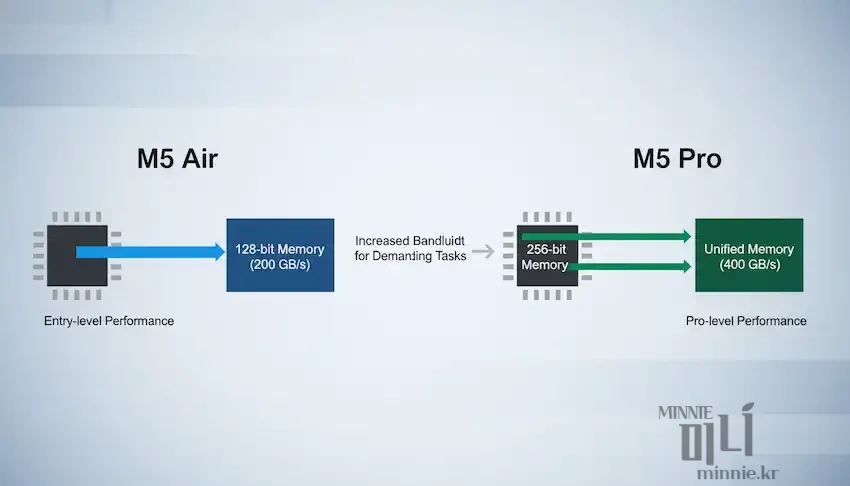 M5 맥북 에어의 200GB/s 대역폭과 M5 맥북 프로의 400GB/s 통합 메모리 대역폭 성능 비교 차트