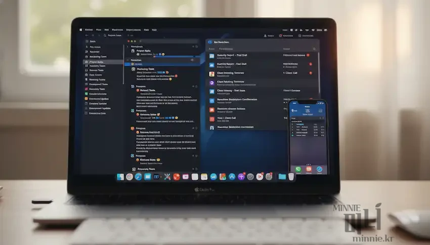 macOS Sequoia 환경에서 맥북 화면에 아이폰 미러링이 완벽하게 동기화된 모습