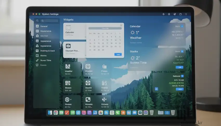 macOS Sequoia의 새로운 시스템 설정 메뉴와 데스크톱에 배치된 다양한 위젯들