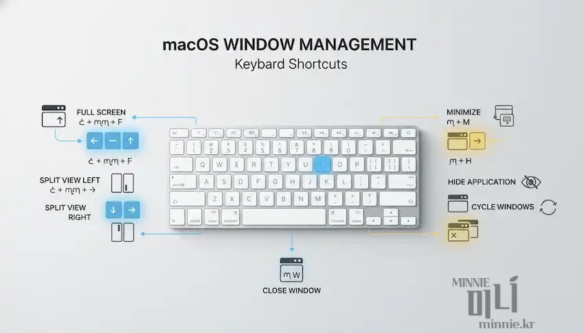 맥북 유저를 위한 macOS 창 관리 단축키 모음 인포그래픽: 전체 화면, 스플릿 뷰(좌우 분할), 창 최소화 및 닫기 단축키 설명