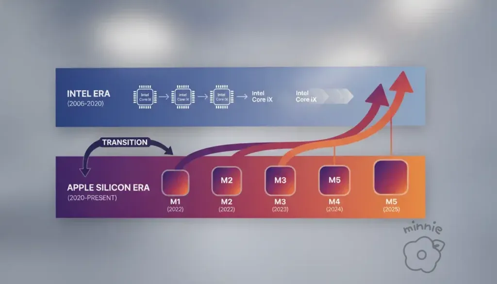 인텔 에라(INTEL ERA)에서 애플 실리콘 에라(APPLE SILICON ERA)로 이어지는 M1, M2, M3, M4, M5 프로세서 발전 로드맵 및 트랜지션 타임라인 인포그래픽