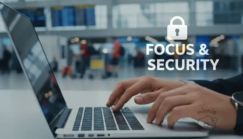 공공장소에서 한 사용자가 맥북으로 작업하고 있으며 화면 위에 FOCUS & SECURITY 자물쇠 그래픽 기호가 오버레이된 모습