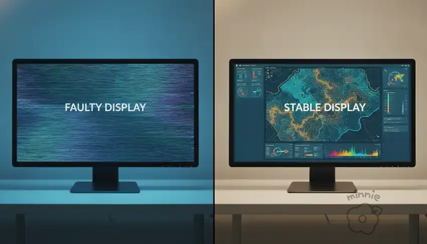 노이즈와 화면 깜빡임이 발생하는 모니터 화면(FAULTY DISPLAY)과 설정 최적화 후 데이터 대시보드가 깨끗하게 출력되는 화면(STABLE DISPLAY)의 비교