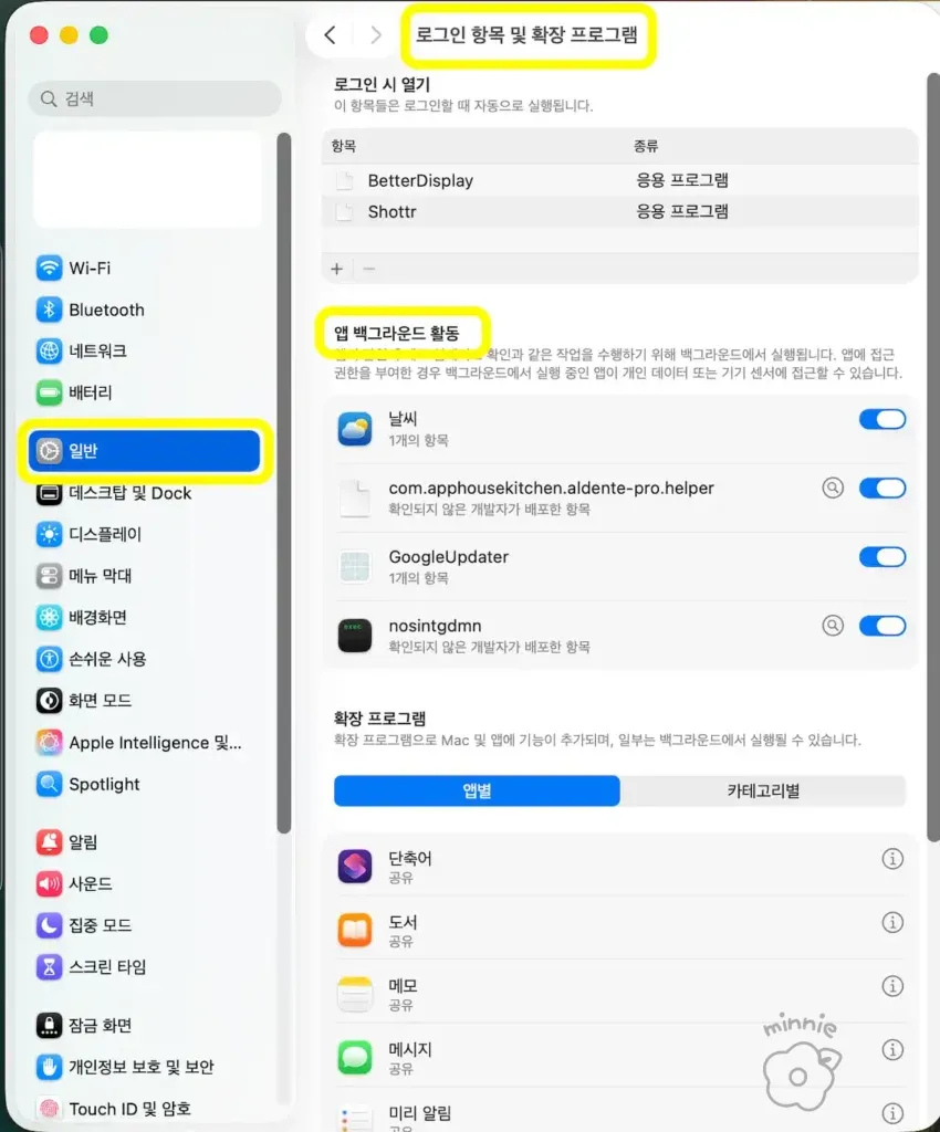 macOS 로그인 항목 및 확장 프로그램에서 백그라운드 활동을 확인하는 화면