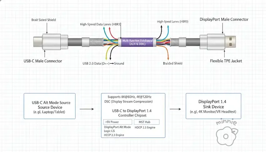 USB-C Alt Mode 소스 기기에서 DisplayPort 1.4 싱크 디바이스로 이어지는 컨트롤러 칩셋 및 내부 핀 대역폭 구조도